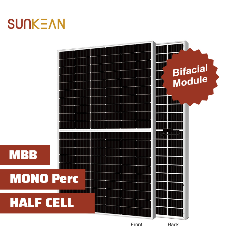 Media celda mono 455 vatios bifacial doble vidrio 120 celdas 182 mm tamaño de celda perc panel solar
