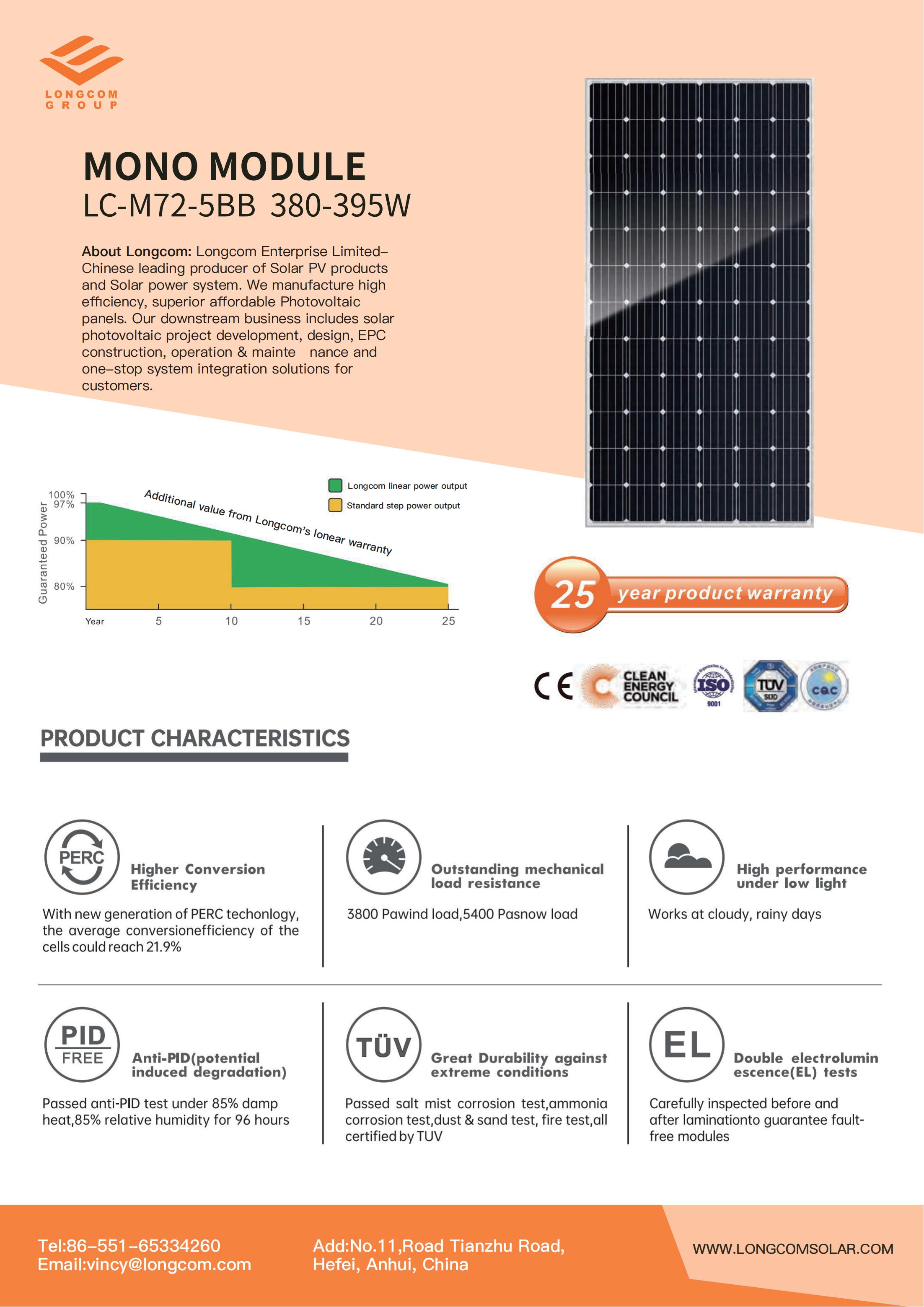 Monopanel solar de alta eficiencia de 380 W