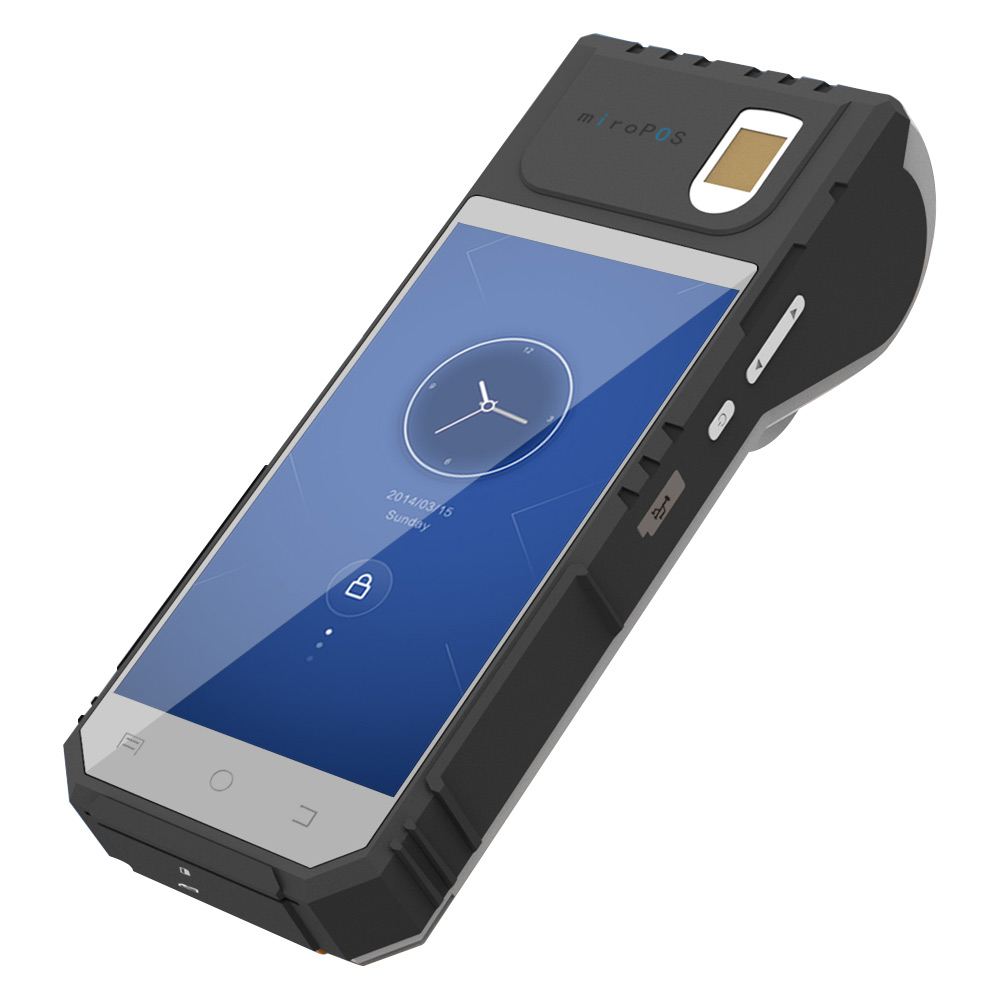 Android 6.0 2D Laser Barcode Scanner Biométrico Android POS Terminal de impresora con carga inalámbrica
