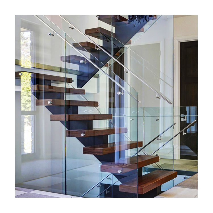 Escalera flotante de barandilla de vidrio de frijol negro personalizado contemporáneo con peldaño de madera
