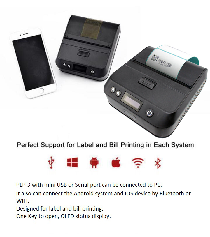 Impresora de etiquetas térmicas móvil PLP-3 de 80 mm