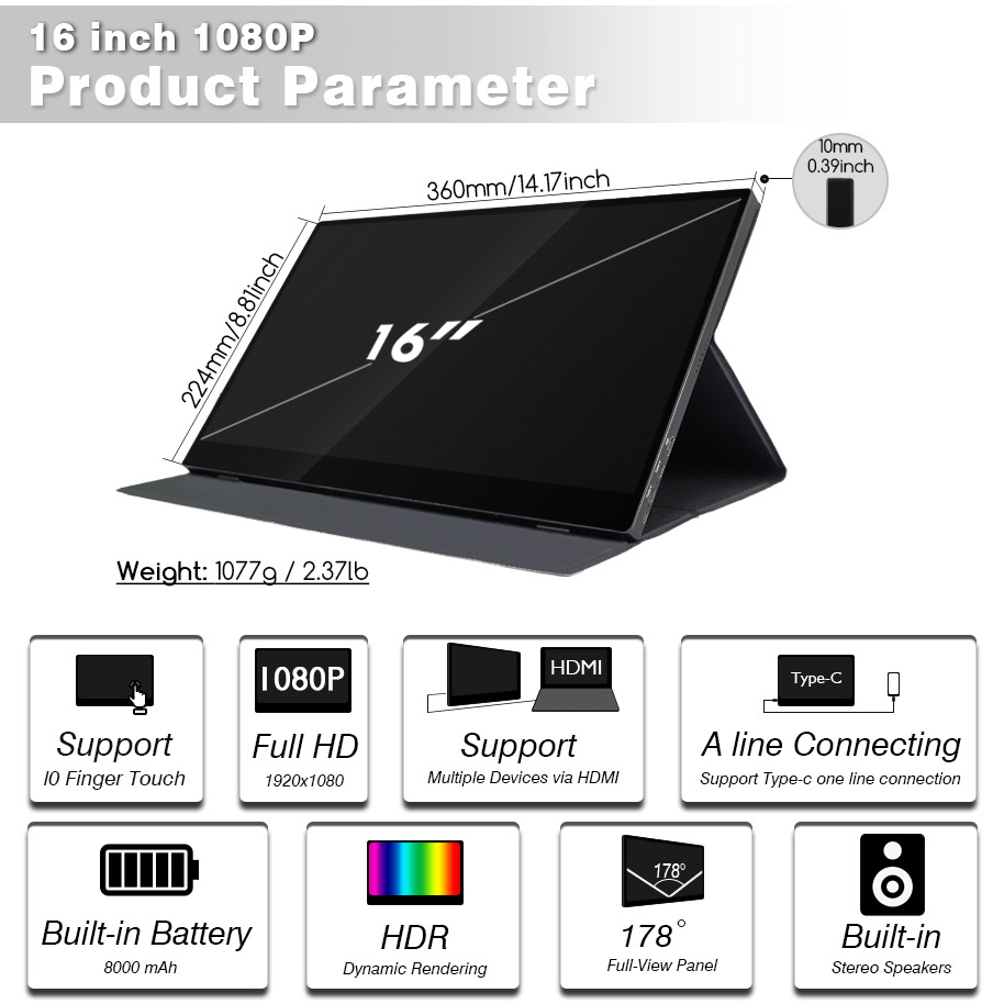 Monitor portátil de pantalla táctil de 16 pulgadas alimentado por USB S40-1