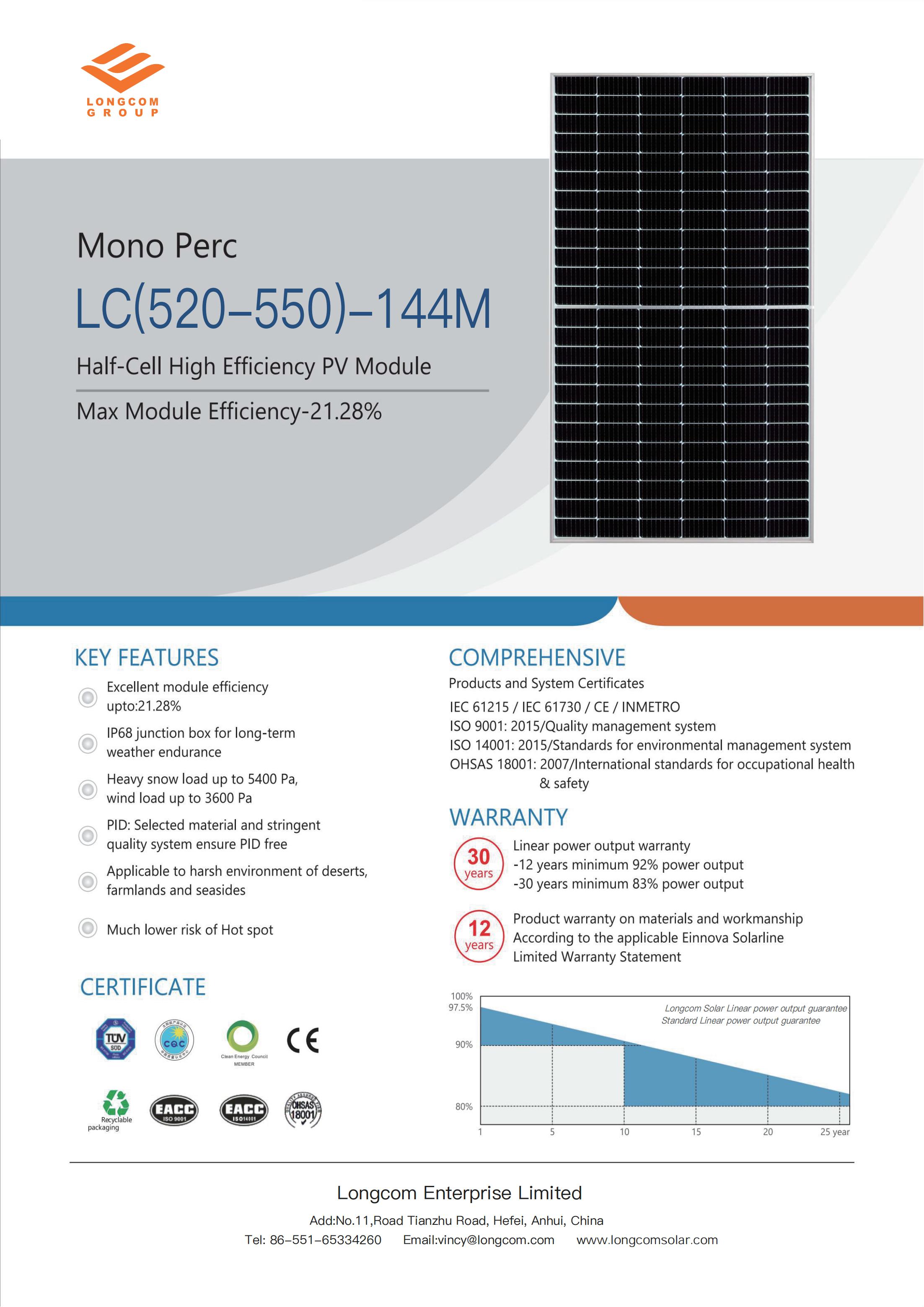Long Group Power 550W monocristalino 166 mm M6 Half Cut 144 Cell Panel solar Mono PV Energy Power