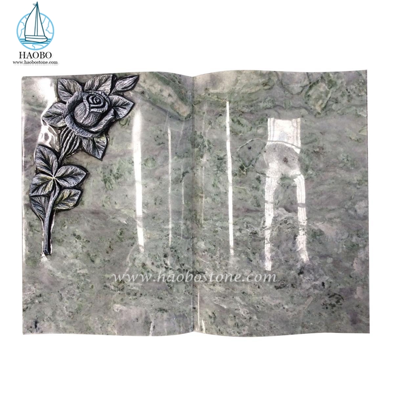 Flor de granito blanco de Cachemira tallada en forma de libro lápida
