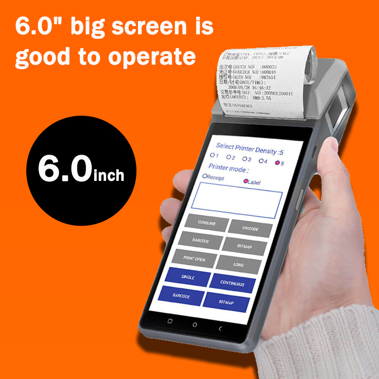 Máquina de POS inteligente de mano NFC de 6 pulgadas con impresora térmica Z300 de 58 mm
