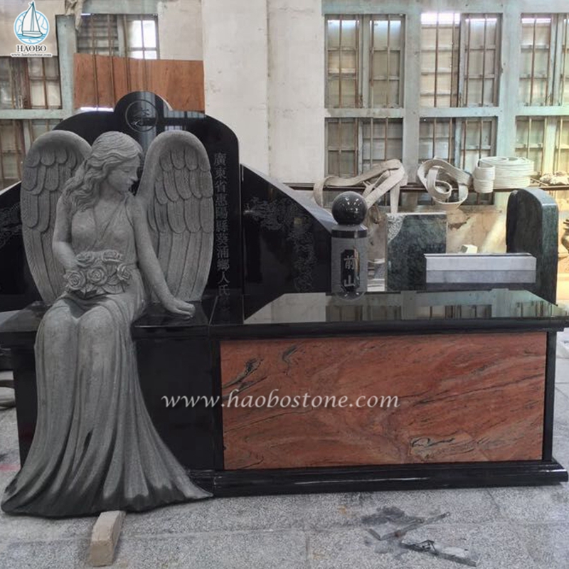 Banco de monumento de granito negro de la India con estatua de ángel
