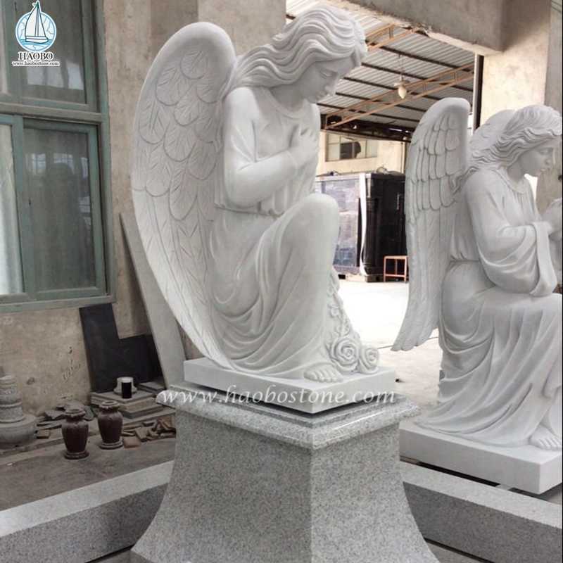 Estatua de ángel de oración de rodillas de mármol blanco para Memorial

