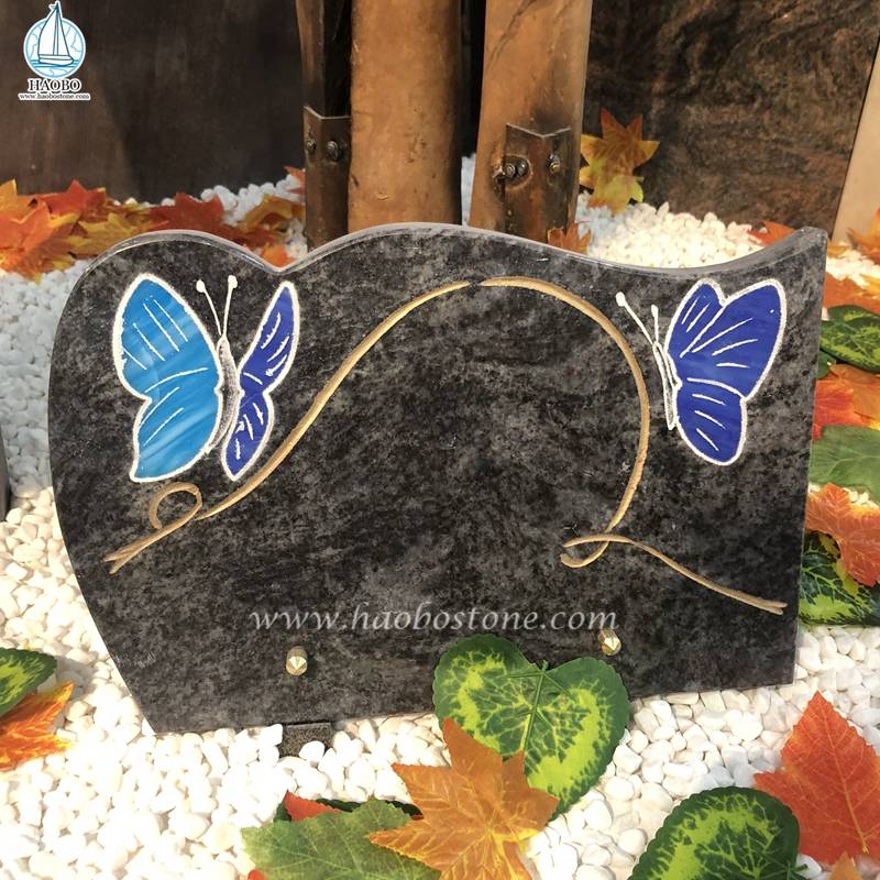 Placa de lápida de grabado de mariposa de granito azul de Bahama

