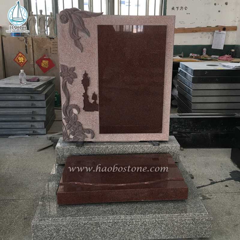 Piedra sepulcral funeraria tallada con flor de granito rojo estilo chino
