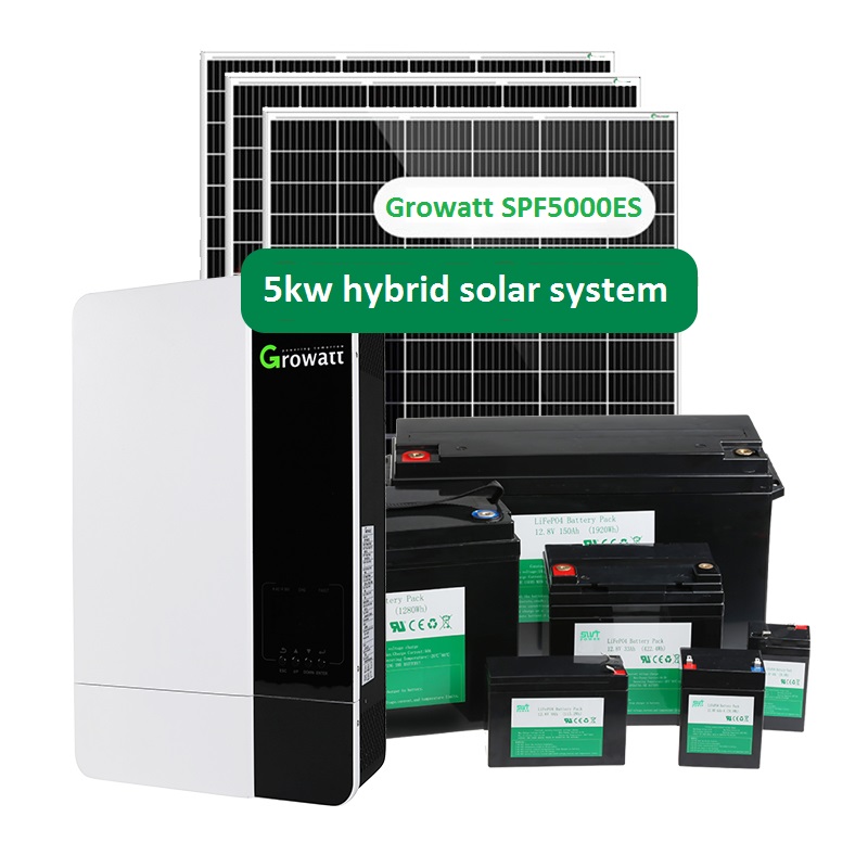 Growatt spfes 5kw inversor híbrido wifi 5kw kits de sistema solar con batería de litio BMS estructura de panel solar sistema de alimentación pv
