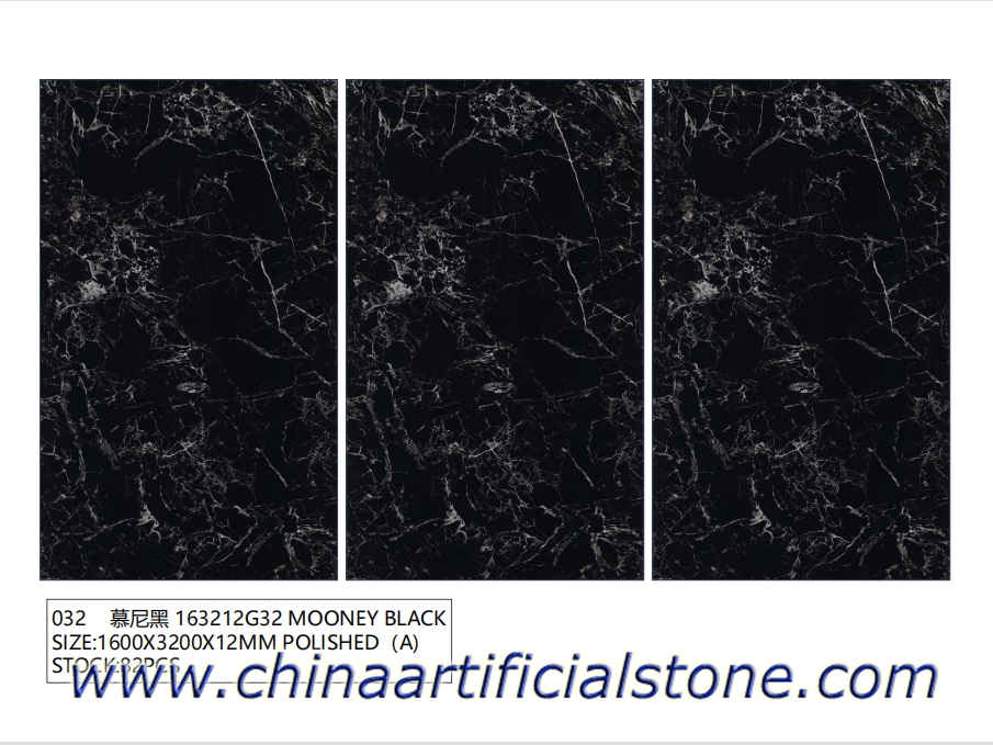 Losas de porcelana de piedra sinterizada negra pulida de 1600x3200x12 mm
