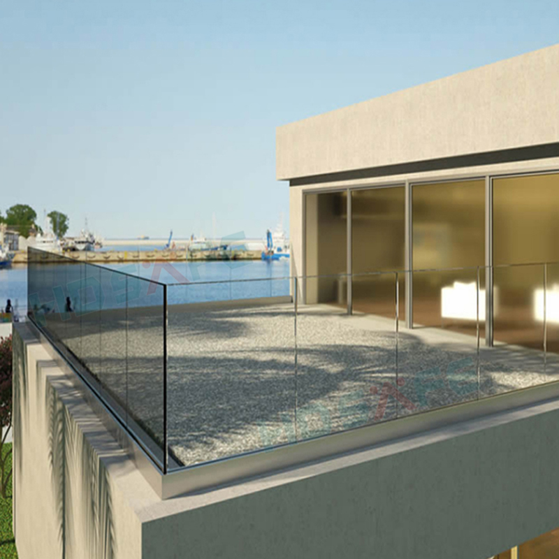 Diseño de barandilla de balcón de vidrio para terraza con barandilla sin marco de vidrio templado con canal en U de aluminio montado en escalera de balcón de aluminio

