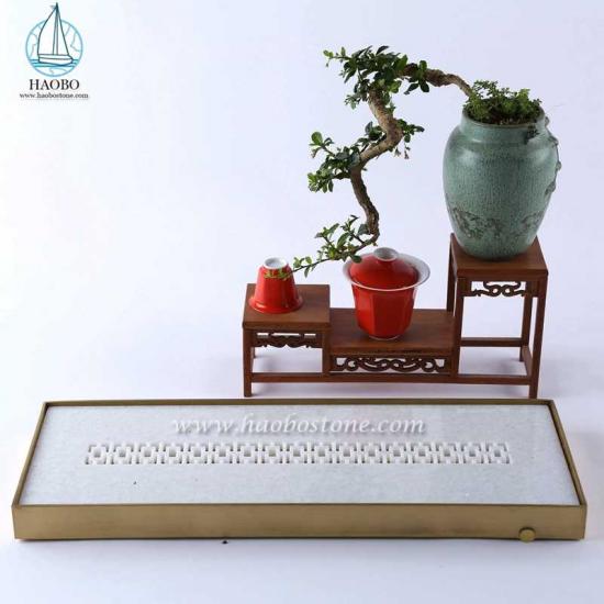 Bandeja de té rectangular tallada en piedra de diseño de China de mármol blanco
