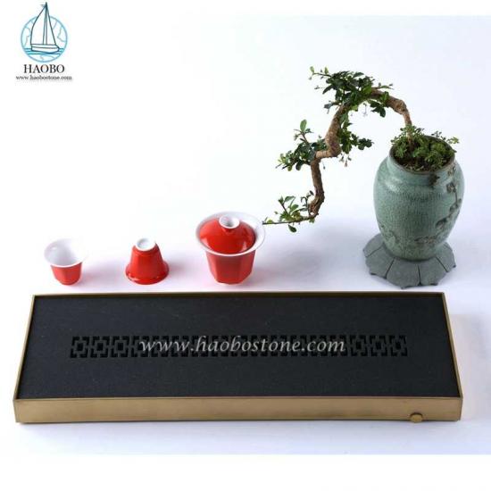 Bandeja de té rectangular tallada en piedra de granito negro de China
