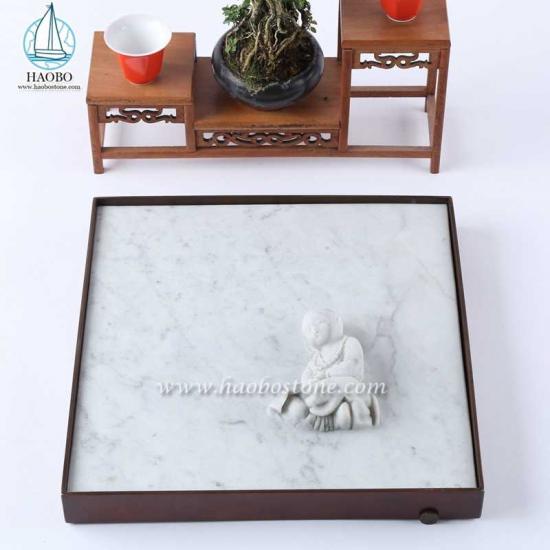 Bandeja de té de piedra cuadrada tallada budista de mármol blanco
