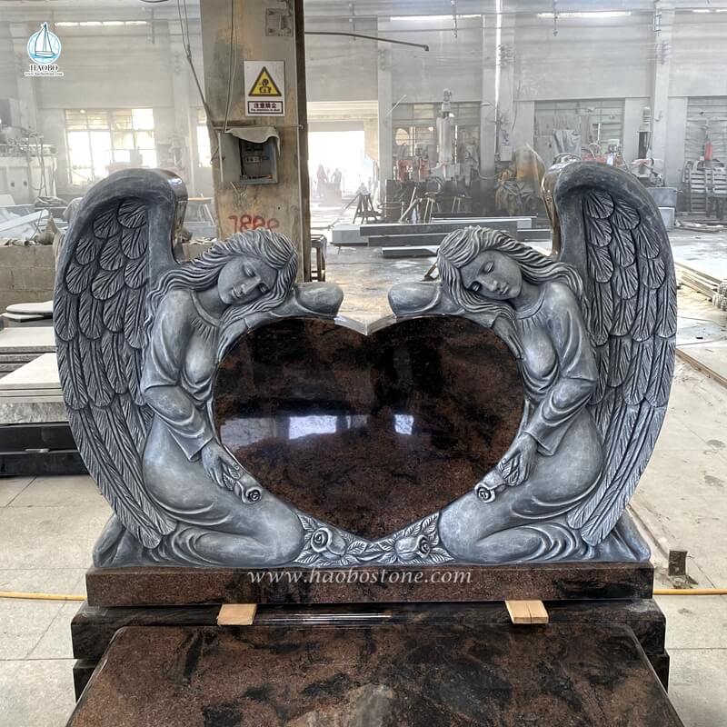Aurora Granite Double Angel Holding Heart Carving Cemetery Monument
