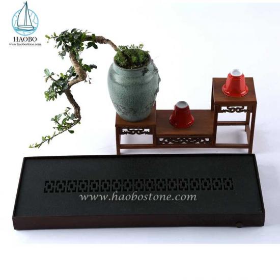 Bandeja de té rectangular tallada en piedra de diseño de China de granito negro
